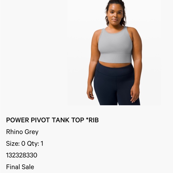 Lululemon
POWER PIVOT TANK TOP *RIB
Rhino Grey - Picture 5 of 6